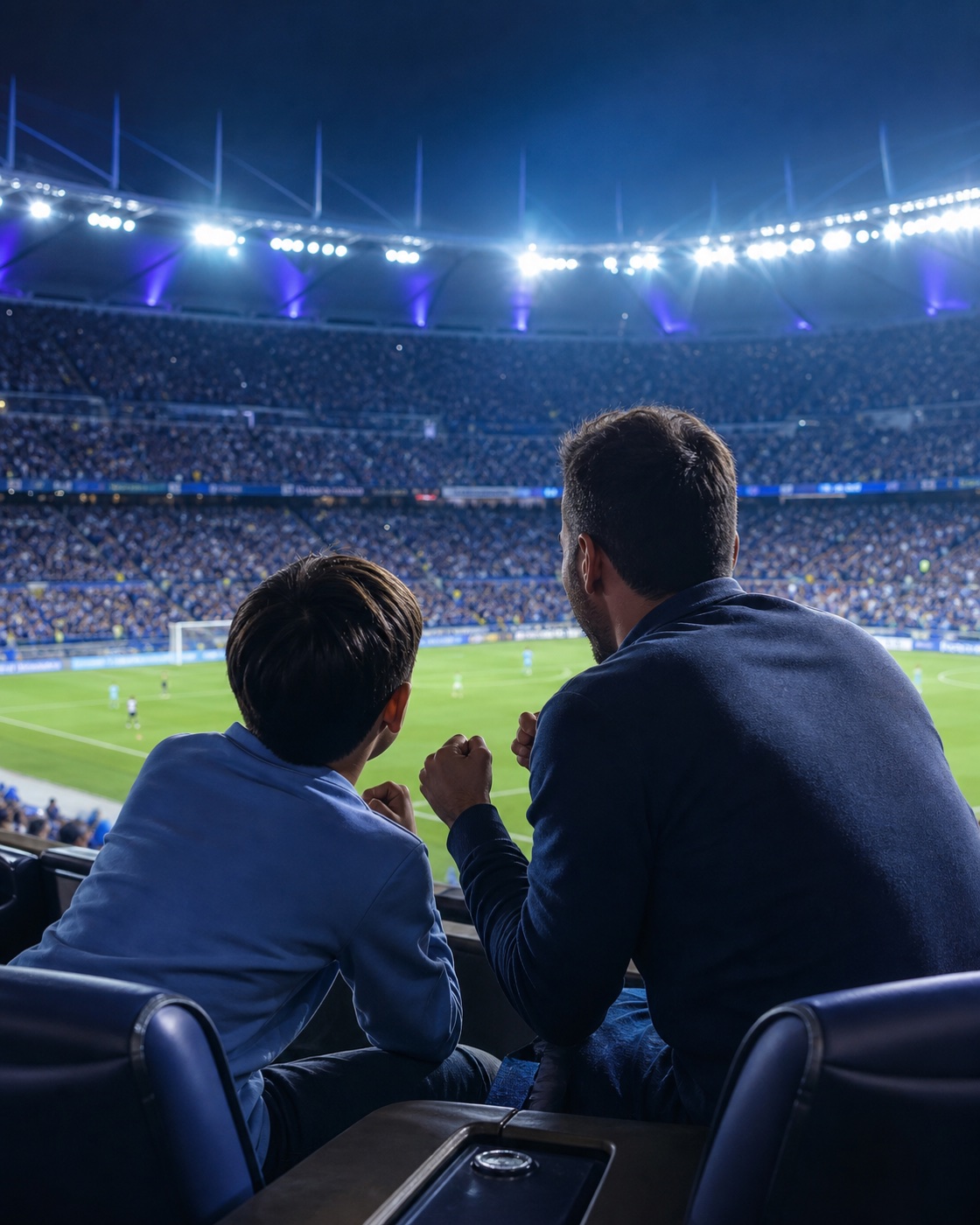 A parent and child watching a football match from special seats